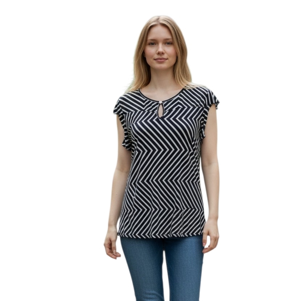 Atelier 29 Navy White Chevron Stripe Keyhole Short Sleeve Blouse Top Medium